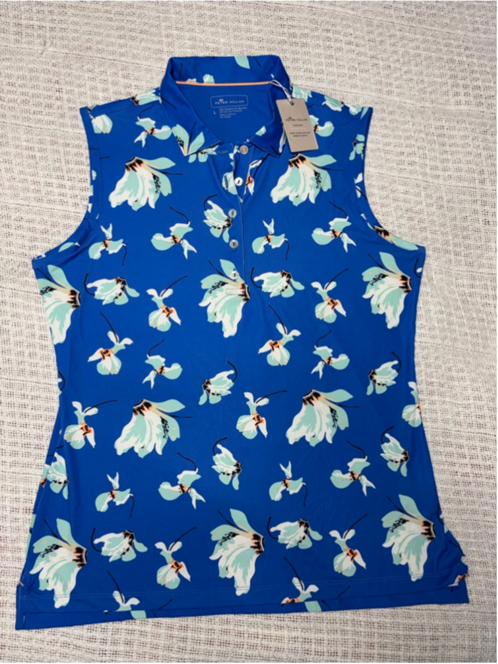 Peter Millar Cattley Blue Floral Performance Sleeveless Golf Polo Woman's Large - Picture 2 of 5